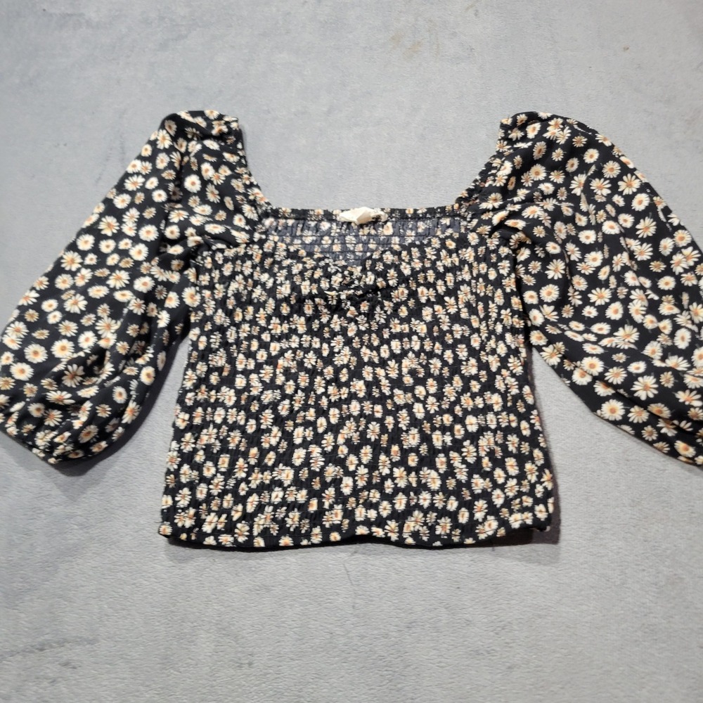Pie In The Sky Top Womens L Black Daisy Floral Smocked Puff Sleeve JT20738 Boho